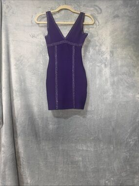 Guess Purple V-Neck Bandage Mini Dress with Sparkle Trim